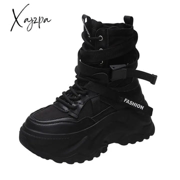 Xajzpa - Fashion Women Chunky Platform Motorcycle Boots White Lace Up Thick Bottom Shoes Woman